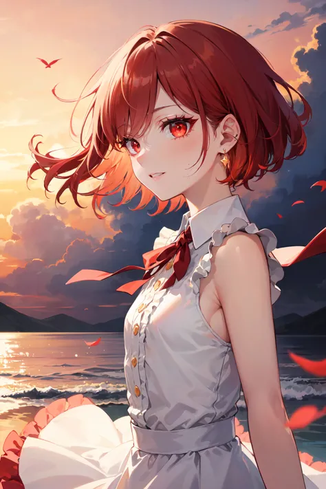 anime girl with red hair and white dress standing on the beach