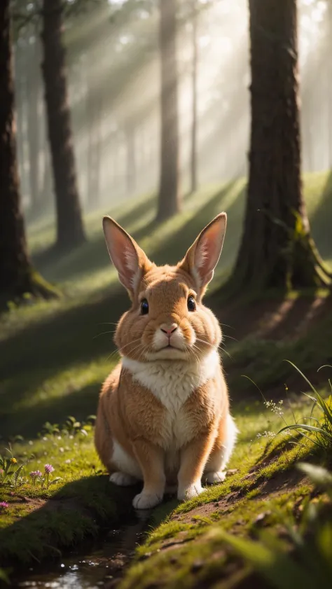 close up photo of a rabbit, forest, haze, halation, bloom, dramatic atmosphere, centred, rule of thirds, 200mm 1.4f macro shot, ...