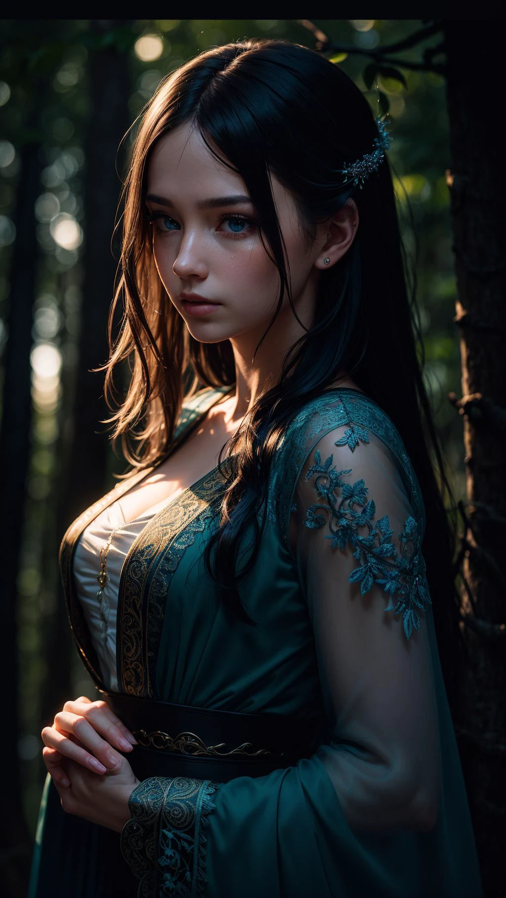 epic realistic, (dark shot:1.4), 80mm, Create a portrait of a woman with long, dark hair. She has a mysterious expression, gazing at the viewer with a slight tilt of her head. She is simply dressed, with an arm wrapped around a tree branch that also resembles a brain cell. The background features a forest of blue, impressionistic leaves, with an eerie white light shining through and a gradient shadow on the top part of the woman's face. Use a backlighting effect to add depth to the image. impressionistic painting style, john singer sarget, anders zorn, blue pallette, wider show with more background and forest, (natural skin texture, hyperrealism, soft light, sharp:1.2), soft light, sharp, exposure blend, medium shot, bokeh, (hdr:1.4), high contrast, (cinematic, teal and orange:0.85), (muted colors, dim colors, soothing tones:1.3), low saturation, (hyperdetailed:1.2), (noir:0.4), (intricate details:1.12), hdr, (intricate details, hyperdetailed:1.15), faded, (neutral colors:1.2), art, (hdr:1.5), (muted colors:1.1), (pastel:0.2), hyperdetailed, (artstation:1.4), warm lights, dramatic light, (intricate details:1.2), vignette, complex background, rutkowski,