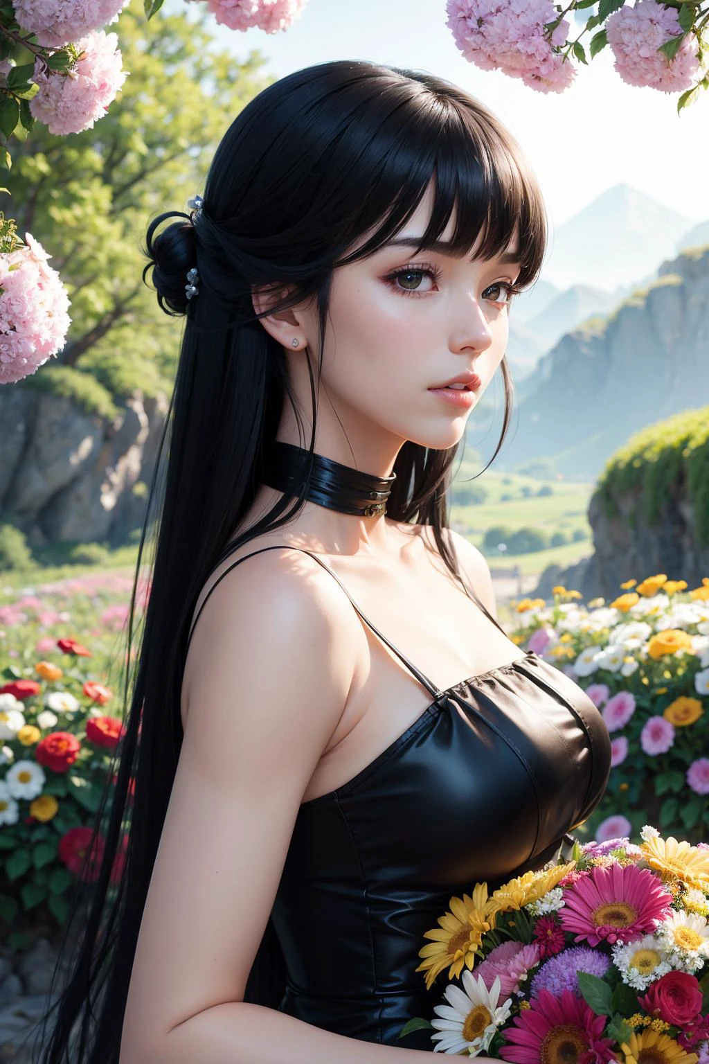 una mujer con cabello largo y negro y un vestido hecho de muchas flores de colores, por krenz cushart!!. tendencia en Artstation!!! pixiv! concepto de retrato de ensueño pintura digital ilustración muy detallada resalta enfoque nítido vista iluminada por el sol motor irreal 5 4k 8K ultra HD fondo de pantalla james gurney rutkowski medios oficiales en una pieza anime key visual manga portada ilyuya nikita makoto shinkaih