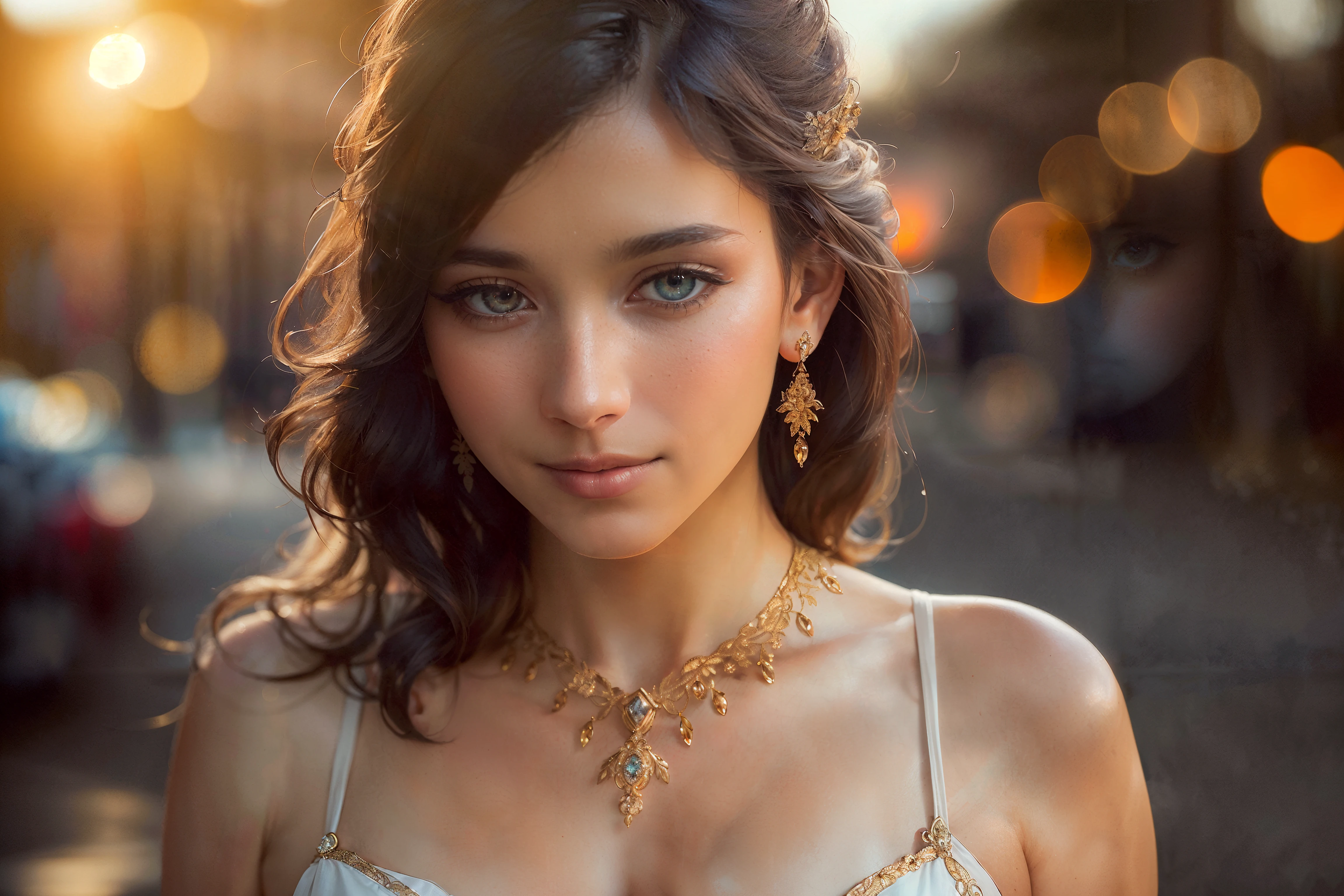 (photorealistic:1.4), (extremely delicate), (ultra realistic:1.3), (award-winning photography), hyperrealistic photography, extremely detailed CG unity 8k wallpaper, HDR, RAW photo, dslr, 
(a beautiful woman, 1person), golden hour, rim lighting, warm tones, sun flare, soft shadows, vibrant colors, hazy glow, painterly effect, dreamy atmosphere, bokeh, wide shot, model style,
art by paul thomas anderson,
(photographed on a Canon 5D Mark II with Canon MPE65 lens, 1/125th, f/13, ISO 100),