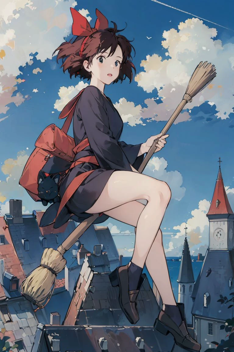 (masterpiece:1.4), (best quality:1.4), (high resolution:1.4),girl, kiki riding  a broom flying in the sky,cloud, black robe, red hair bow, shoulder bag,