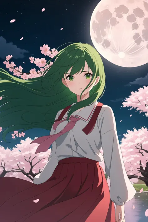 masterpiece, best quality, 1girl, solo, green hair, very long hair, wind, floating hair, cherry blossoms, night, full moon