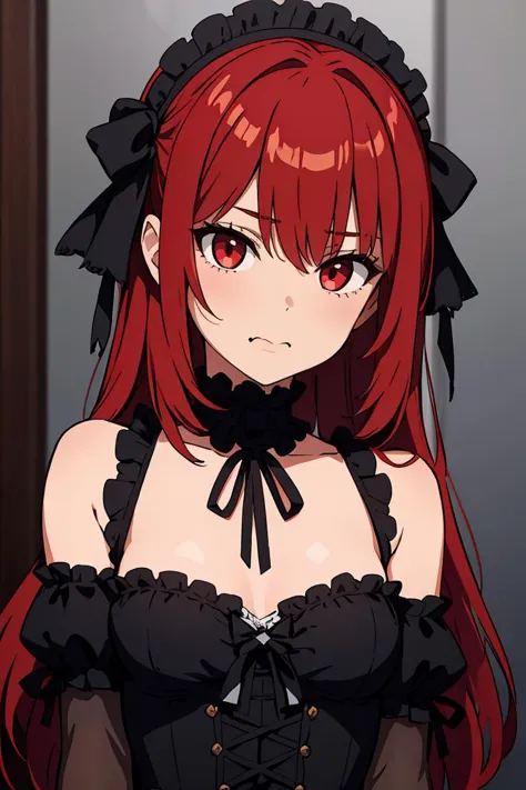 (masterpiece, best quality), 1girl, red hair, medium chest, gothic frill dress, pervert face,