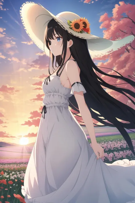 masterpiece, best quality, 1girl, long hair, black hair, very long hair, hime cut, medium breasts, sun hat, sundress, outdoors, ...