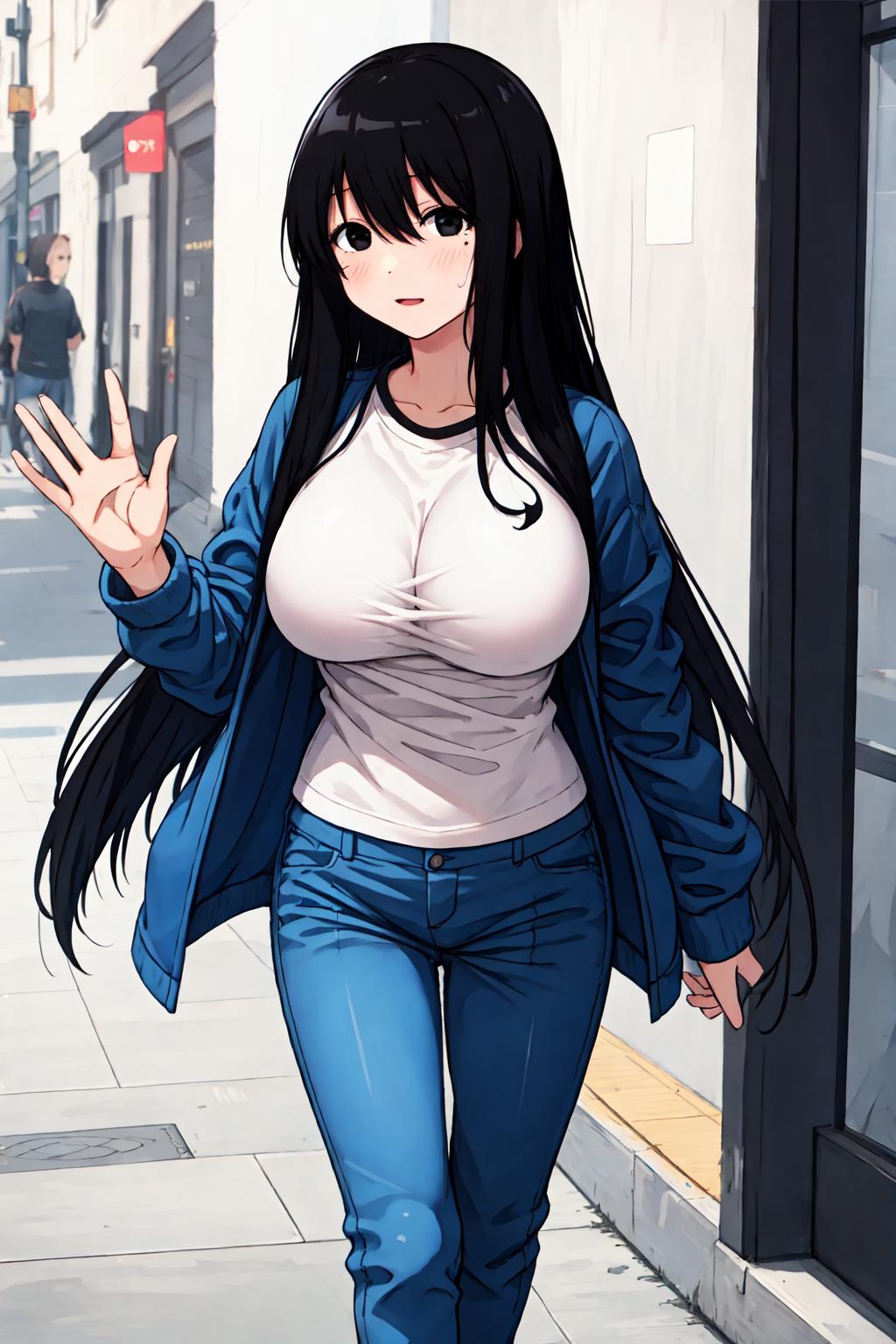 Anime girl walking down the street with her hands in the air - SeaArt AI