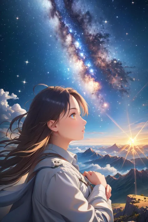 (masterpiece, best quality), absurdres, (close view:1.4),
1girl, shining sky, vast world, gazing, awe-inspiring expression, distant horizon, clouds, high hill, natural beauty, inspiration, night sky, Shining Stars,