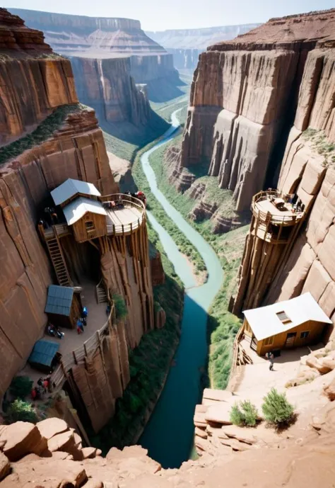 a view of a canyon with a house and a river