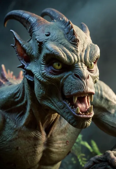 a close up of a demon with a large head and horns