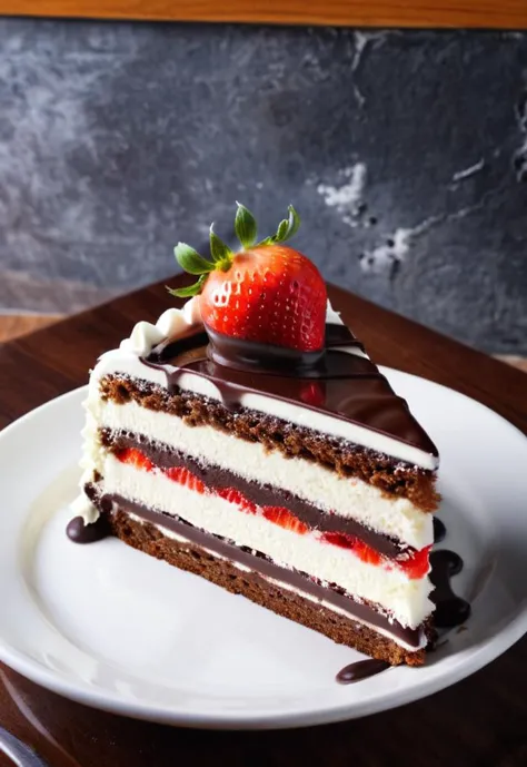 there is a piece of cake on a plate with a strawberry on top