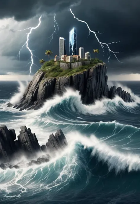 a painting of a lighthouse on a small island surrounded by waves