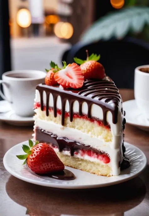 photo of a white piece of cake, red strawberry, (dripping chocolate), Background cozy cafe