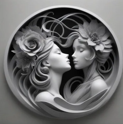 professional 3d model <lora:bb3l15:1> bb3l15 Thick layered papercut art of a drawing of a woman with a large flower, beautiful gemini twins, grey and silver, dreaming bodies, soft airbrushed artwork, two women, by Anton Graff, feminine shapes, swirl, man and woman in love, flowing curves, in gunmetal grey, twin souls <lora:dare_dusk:1> <lora:pytorch_lora_weights(1):1> . Deep 3D, volumetric, dimensional, depth, thick paper, high stack, heavy texture, tangible layers . octane render, highly detailed, volumetric, dramatic lighting