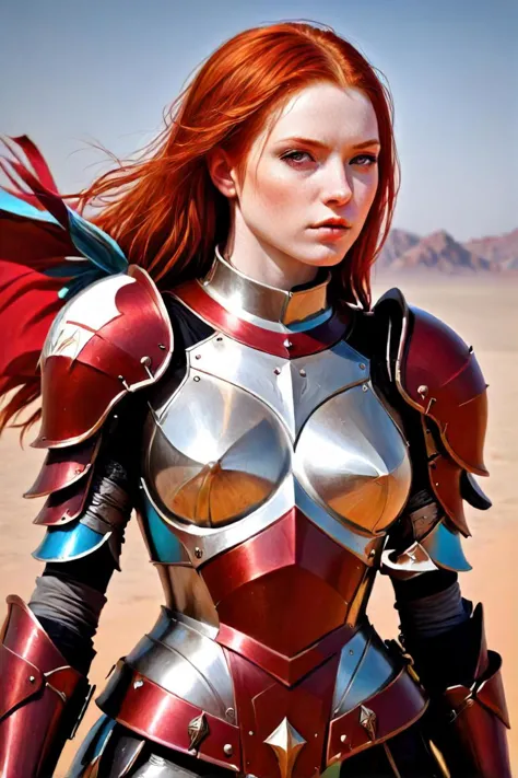 a woman in armor poses in a desert area, redhead queen in heavy red armor, fantasy paladin woman, female redhead templar, beauti...