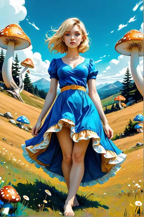 blond woman in blue dress standing on a hill with mushrooms, breathtaking vibrant pop inspired illustrated manga art style, vibr...