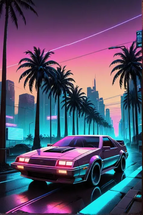 cars driving on a city street with neon lights and palm trees, cyberpunk art inspired by dan mumford, trending on behance, retro...