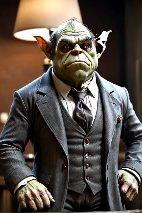 tiny delightful adult "ogre in a business suit", jean baptiste monge, soft cinematic lighting, 8k, intricate details, portrait, ...