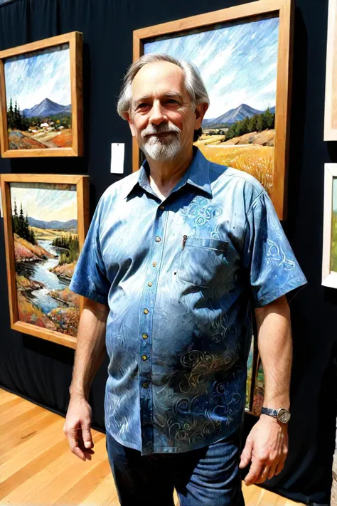 a man standing next to several paintings on display, in the style of outdoor art, arts & crafts, mark lague, stan berenstain, hi...