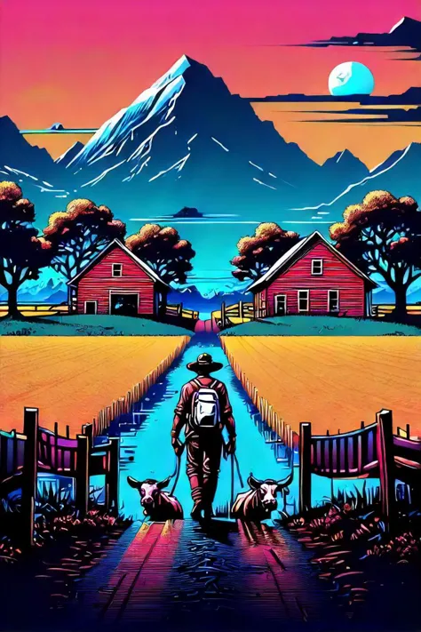 there is a man walking down a path with a cow, farm background, colorful simple, whimsical, artstyle, imaginative cover, movie poster of earthbound 2, by tobias stimmer, in the style dan mumford artwork, cover art of graphic novel, beautiful digital illustration, illustration | rutkowski, ( ( ( ( ( dan mumford ) ) ) ) ), stunning digital illustration, graphic novel cover art