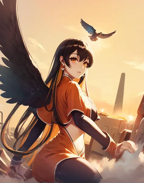 anime girl with wings and sword in the sky