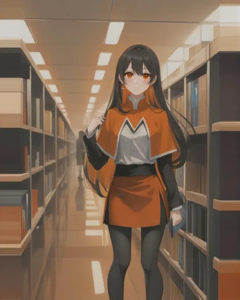 anime girl in orange coat standing in library with bookshelves