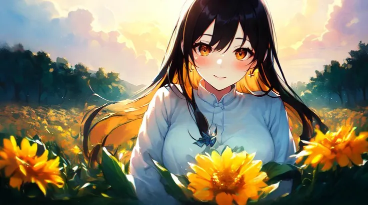 ((masterpiece, best quality)), vivid color, (1woman, mature), blushing, long hair, brown orange hair, beautiful hair, brown orange eyes, (((monerochan))), smile, see-through silhouette, starry sky, field of flowers, butterflies, wind, ((((orange hue, rim lighting)))), ((cowboy shot))  <lora:epiNoiseoffset_v2:0.2>  <lora:monerochan_v1:0.8>