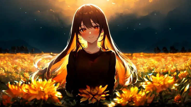 ((masterpiece, best quality)), detailed eyes, vivid color, (1woman, mature), blushing, long hair, brown orange hair, beautiful hair, brown orange eyes, ((monerochan)), smile, see-through silhouette, starry sky, field of flowers, butterflies, wind, ((((((orange hue, rim lighting)))))), (((cowboy shot)))  <lora:epiNoiseoffset_v2:0.4>  <lora:monerochan_v1:0.6>