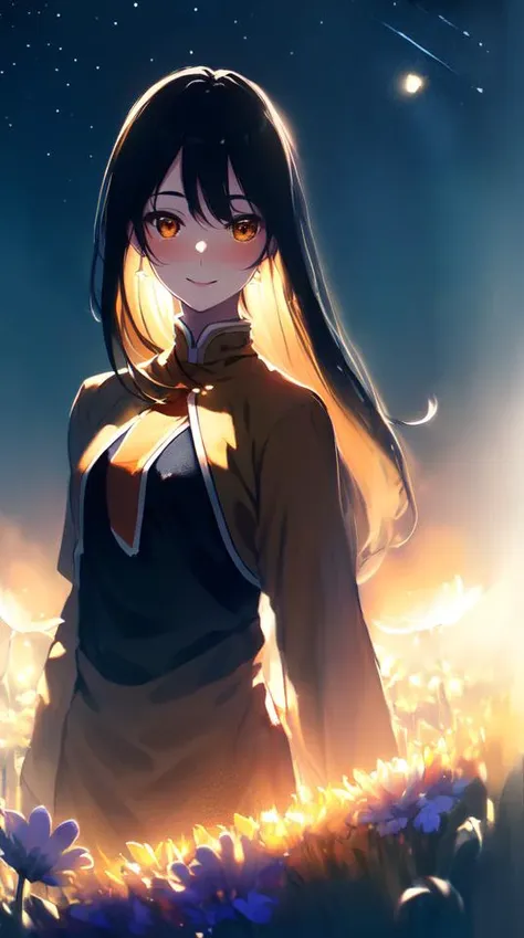 anime girl with long hair standing in a field of flowers