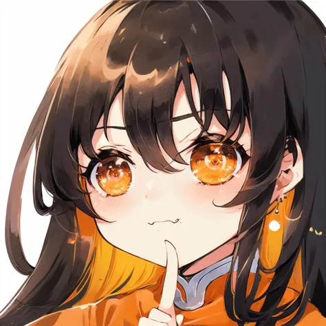 anime girl with long black hair and orange eyes pointing at her finger