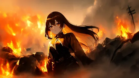 a woman in a black dress standing in front of a fire