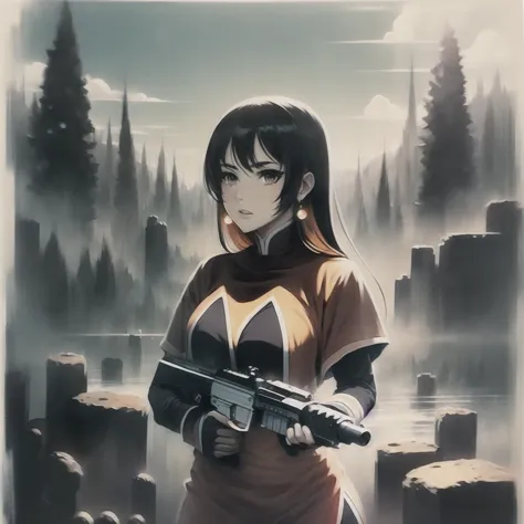 anime girl with gun in front of a city with trees