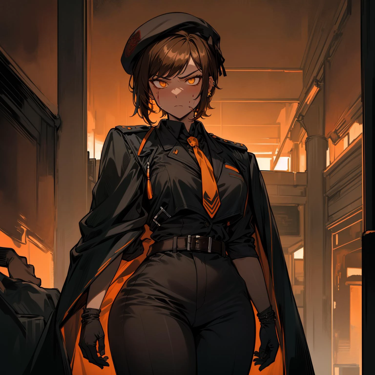 1girl, solo,  tall, (orange long cloak:0.8|black long cloak:1.4, closed orange coat:1|closed black coat:1.5,orange pants:1|black pants:1.5, orange Military beret:1|black military beret:1.5), (orange edging on clothes, gloves, red sky, standing, weapon, battlefield, blood, disformed corpses, dark and red theme, thinking, golden ear clips, {{angry,  serious, stern}}:1.3), (perfect hands, brown short hair, ((yellow eyes)))+, (white collared shirt), (outis, perfect anatomy, mature woman:1.1), jewelry,  bangs, beautiful detailed eyes,(military facility, orange necktie:1.3), medium breasts,  exquisite details,  hyper detailed,best quality,Masterpiece++, (thick body, muscular, old)+, indoors, beautiful detailed face, intricate details, anime screencap,  shiny eyes, eye reflection, perfect eyes, shiny hair, (hard light, shaded eyes), digital bending,  exquisite detailed, masterpiece, (wit studio, studio quality),  ultra detailed, (anime style:1.2),  face focus, beautiful eyes, beautiful face, best quality, cute & girly, detailed eyes, vivid colors, hyper detailed, cinematic light,   