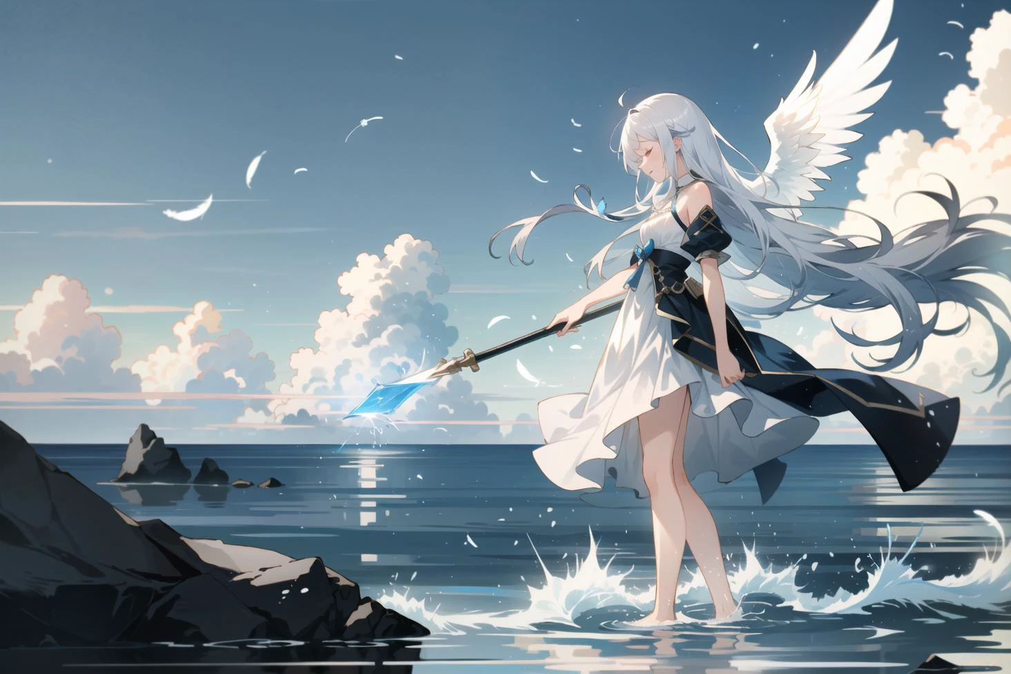 blue background, blue theme,(very wide shot), ((from side)),(masterpiece),(best quality),ultra-detailed,(water, water surface, (blue sky:1.05),lens flare),wind,full body,
solo,1girl,,lateral face,white hair,angel, glowing hair,very long hair,floating hair, white dress, closed eyes,bare legs,barefoot,(standing) on water,head down,light particles,splashing water,feathers,