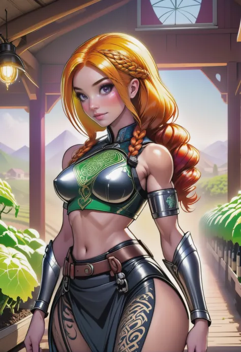 1girl, woman, gloating desert amazon  shamaness, , (muscular:1.3), sexy leather armor, , (celtic tattoos:1), muted ginger hair, ...