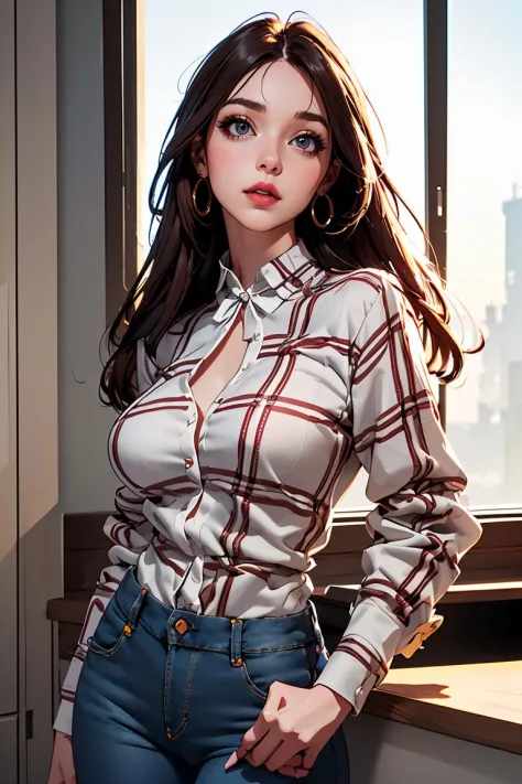 (masterpiece, best quality),1girl, Generate an exceptional, best quality illustration, (  wearing  Warm flannel shirt jeans ), Songstress, Tall, Athletic, Oval Face, Olive Skin, Auburn Hair, grey Eyes, Straight Nose, Thick Lips, Round Chin, Long Hair, Stra...