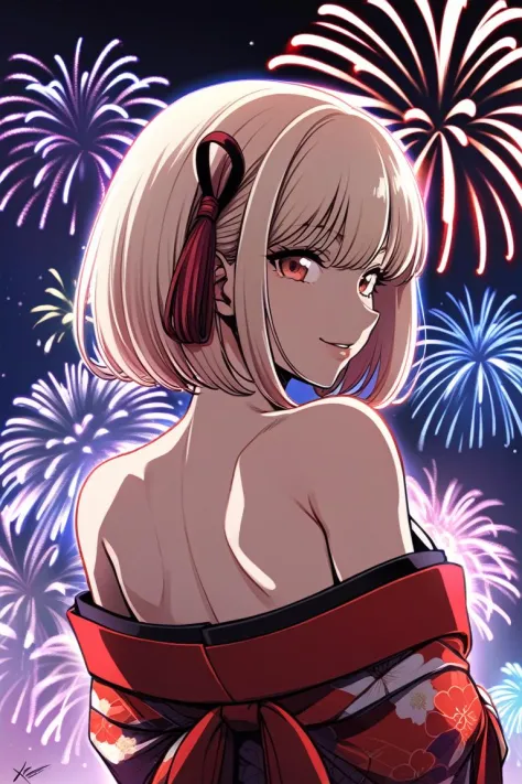 (art by xter:0.8), from behind, solo, 1girl, nishikigi chisato, seductive smile, looking back, bob cut, hair ribbon, kimono, floral print, off shoulder, bare shoulders, fireworks <lora:lycorisrecoil_nishikigi_xl-000004:1>