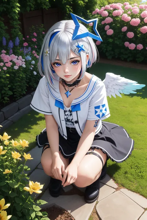 anime girl sitting on the ground in front of a flower garden