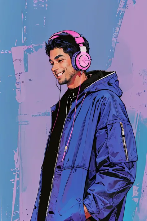 a close up of a man wearing headphones and a jacket