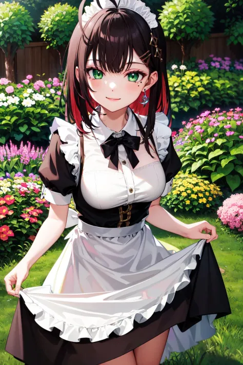 masterpiece, best quality, highres, aayui, medium hair, multicolored hair, hair ornament, ahoge, green eyes, mole under eye, earrings, <lora:hizuki_yui_v1:0.7>, maid, maid headdress, garden, skirt hold, smile