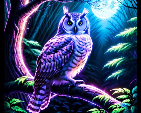 painting of a owl sitting on a branch in a forest