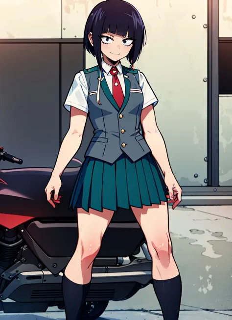 anime girl in school uniform standing next to a motorcycle