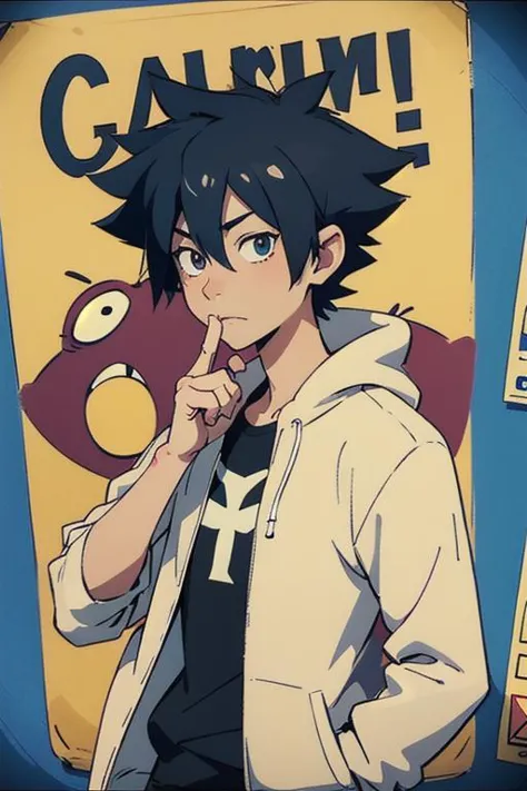 a cartoon character with a black hair and a white jacket on, with a hand in his mouth and a hand out to the side, Adam Manyoki, animation, a comic book panel, vanitas