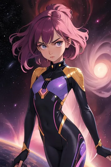 portrait en gros plan,  Femme maigre dans un univers profond, body complet en spandex imprimé, expression arrogante, Fond de nébuleuse spatiale