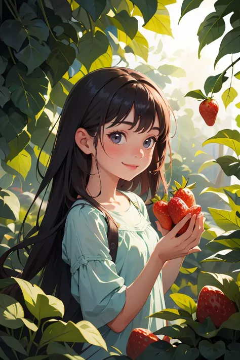 , focus on girl,depth of field,translucent layers, Blending with Plants, fluid textures, subtle hues, organic forms, poetic atmosphere, BREAK Smiling  picking strawberries from the vegetable garden,