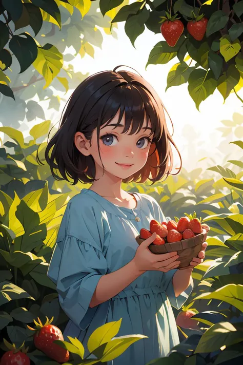 , focus on girl,depth of field,translucent layers, Blending with Plants, fluid textures, subtle hues, organic forms, poetic atmosphere, BREAK Smiling  picking strawberries from the vegetable garden,