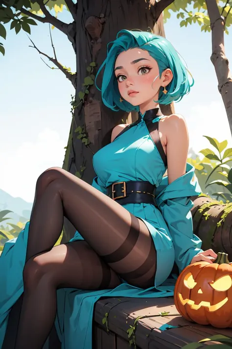 (masterpiece, best quality), 1girl, Pumpkin orange Slicked-Back Undercut with Fade, Size H breasts, Turquoise blue Mesh top and ...