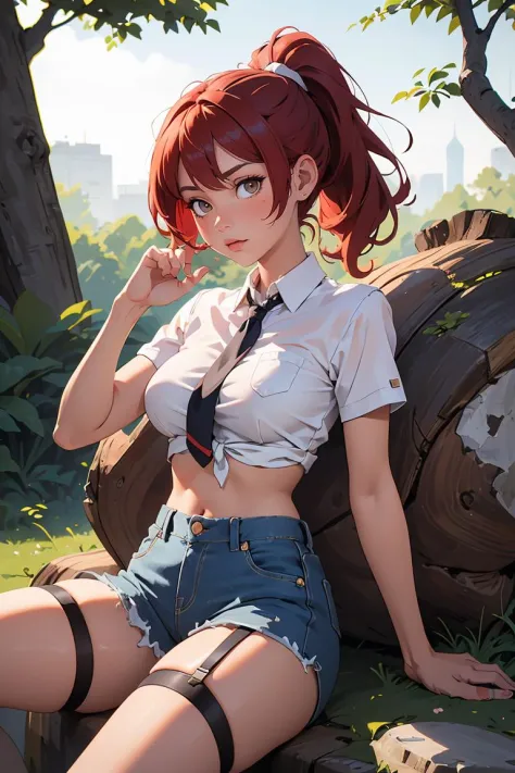 (masterpiece, best quality), 1girl, Dark red Textured Ponytail, Size F breasts, Cyan Tie-front cropped button-down shirt in a lightweight fabric. and Denim culottes with a raw hem, garter belt, Reclining on a tree trunk or rock