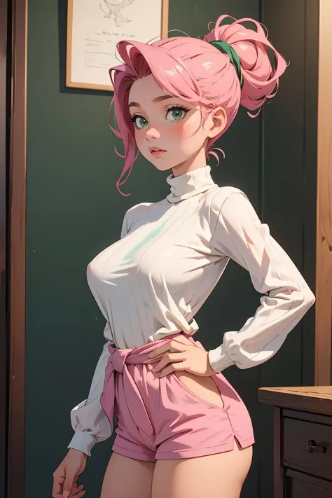 (masterpiece, best quality), 1girl, Pastel Pink Pompadour with Hard Part, Size E breasts, Dark green Striped mock neck turtleneck with three-quarter sleeves. and Linen shorts, bare, Hands on the waist, looking to the side