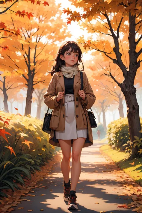 (傑作, 最高品質), 1人の女の子, 心地よい秋をテーマにした散歩, 自然散策, 秋の日, フローラ, 美しい照明, 秋の色彩, 秋の要素, 