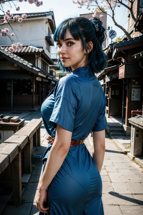 arafed woman in a blue dress standing in a narrow alley